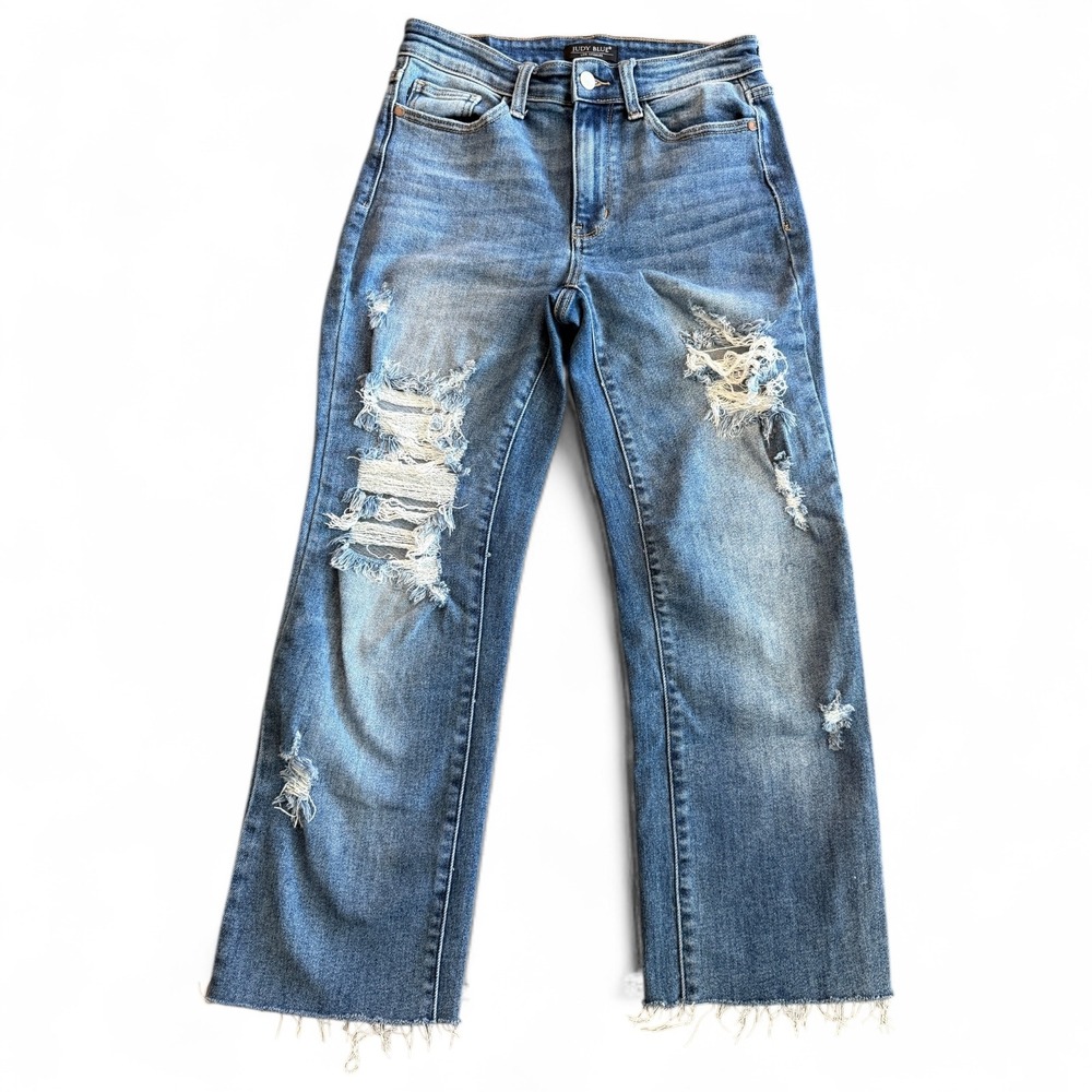Judy Blue JB82431MD Distressed Straight Fit Jeans Raw Hem Women's 3/26‎